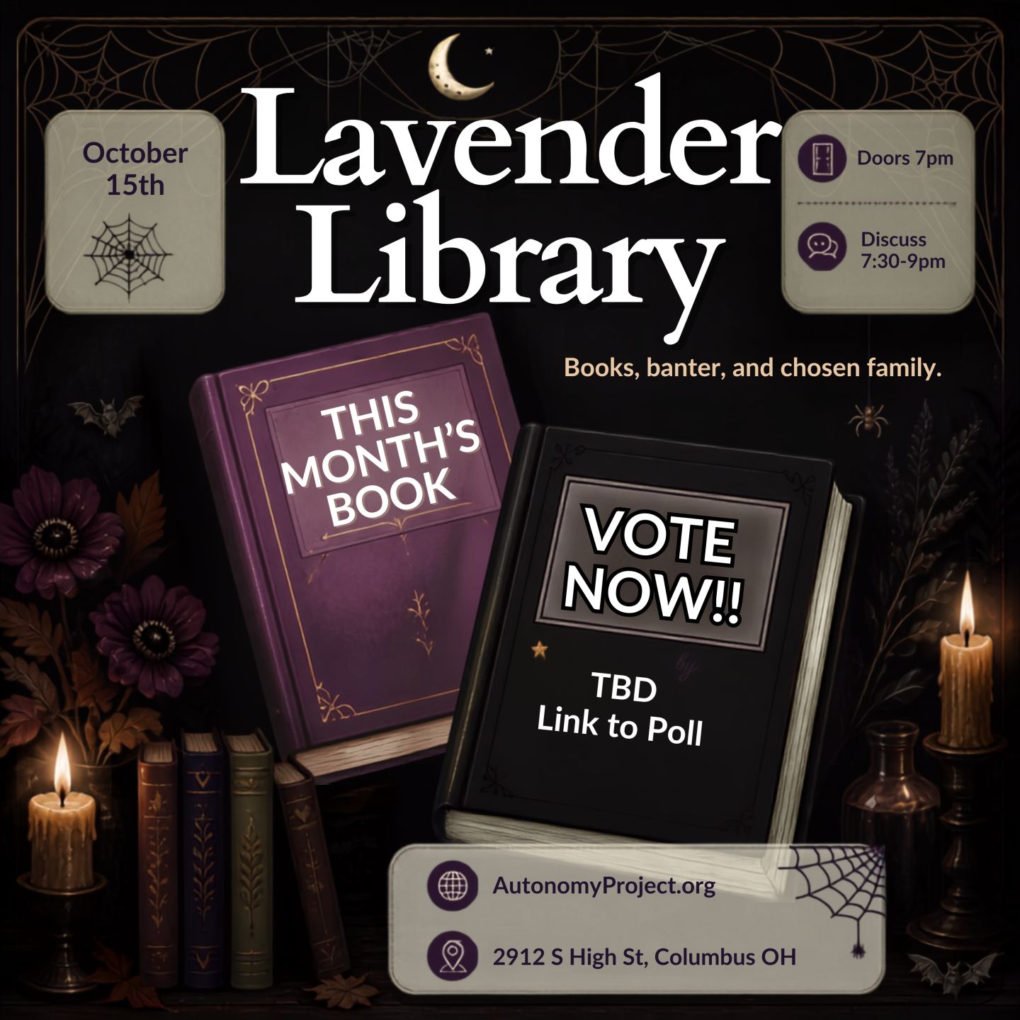 Lavendar Library October. Book still in voting - vote now! Event is Oct 15th, 7pm to 9pm